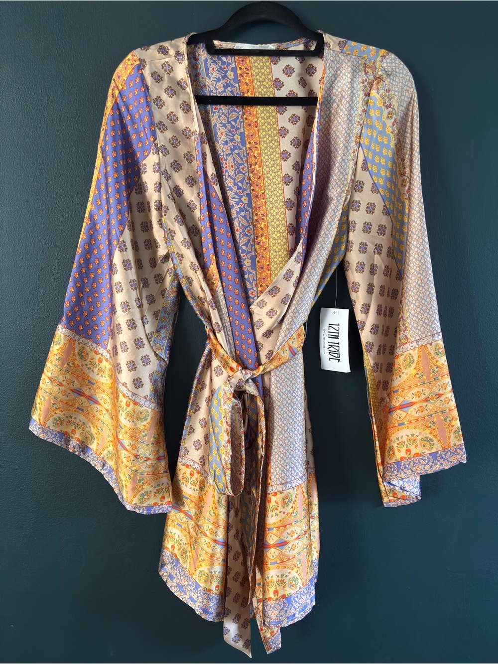 12th Tribe Boho Satin Kimono Wrap Dress